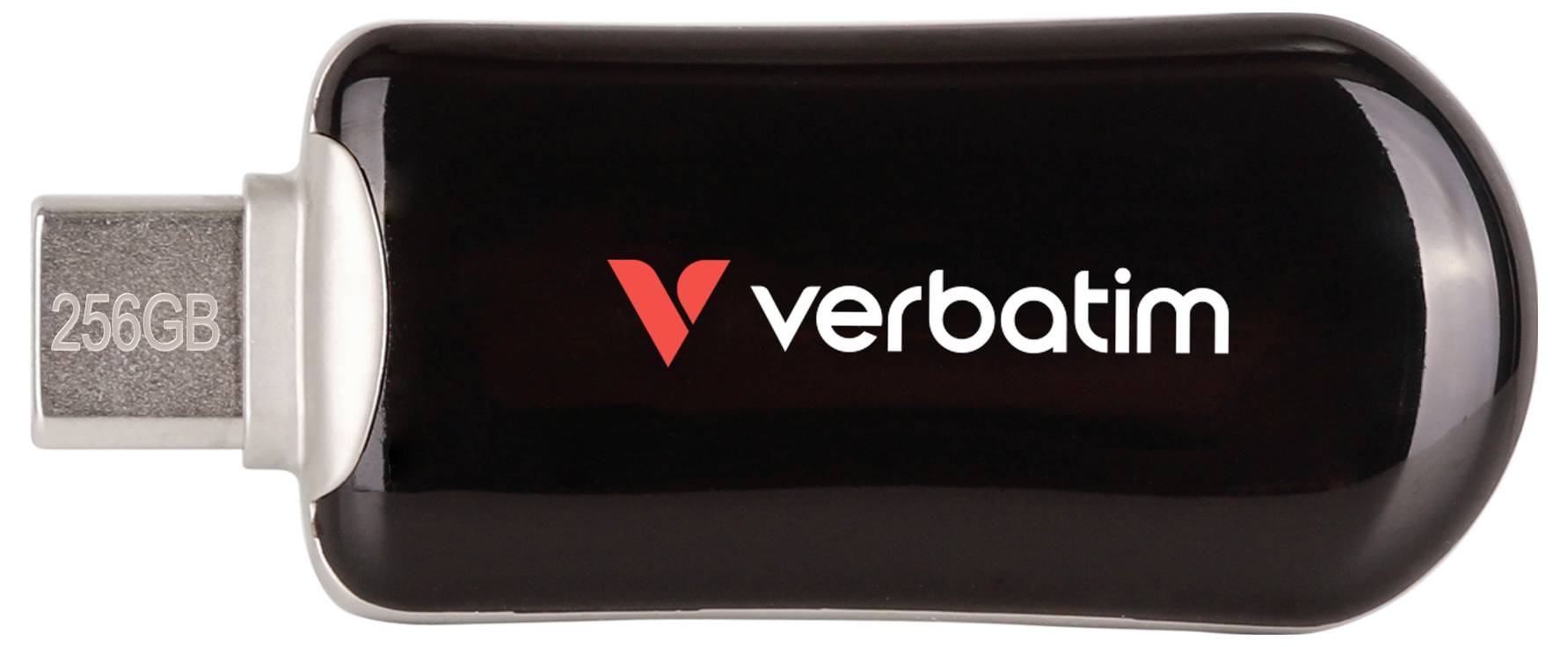 Verbatim 256GB USB-Stick mit abgenommener Kappe, zeigt den USB-Anschluss und schwarzes Gehäuse mit Logo.
