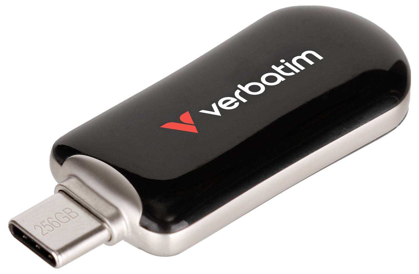 Schwarzes Verbatim USB-Stick mit USB-C-Anschluss, auf dem Stecker mit „256GB" gekennzeichnet