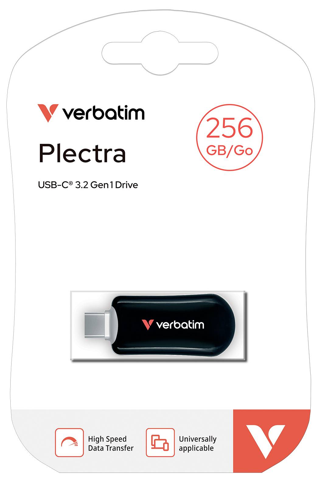Verbatim Plectra USB-C 3.2 Gen1-Speicherstick, 256 GB, mit Hochgeschwindigkeitsdatenübertragung und Universalkompatibilitätssymbolen auf der Verpackung.