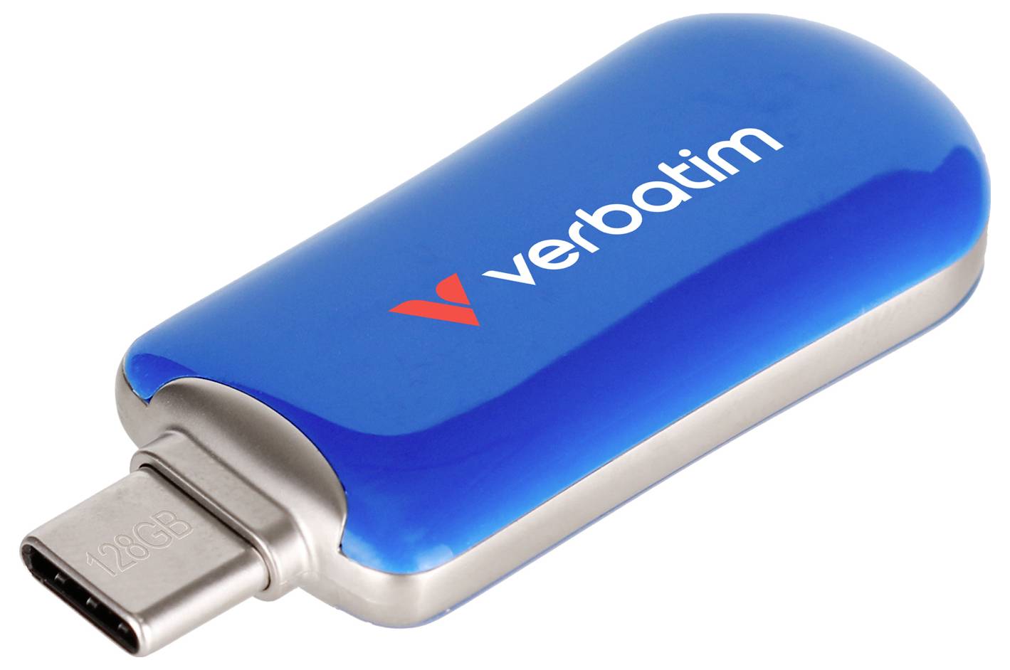 Blauer Verbatim USB-C-Speicherstift mit silbernem Anschluss auf weißem Hintergrund.