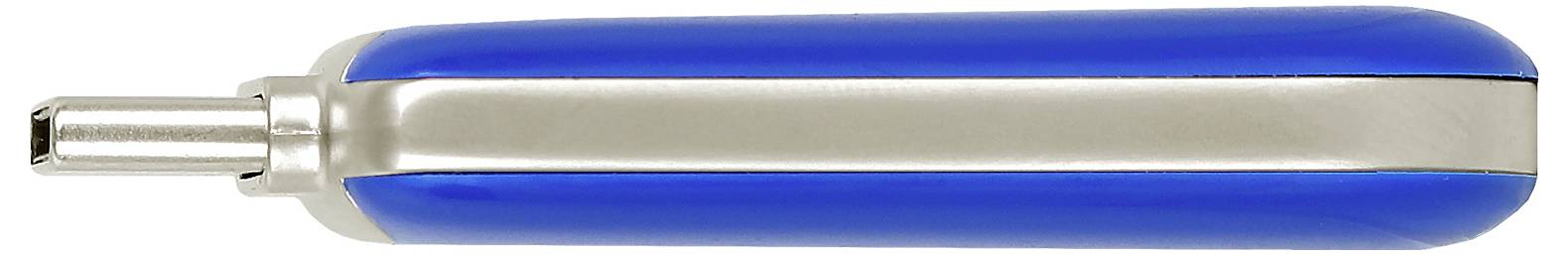 Blau-silbernes tragbares Werkzeug mit abgerundeter Griff und hervorstehender Metallspitze, Seitenansicht auf weißem Hintergrund.
