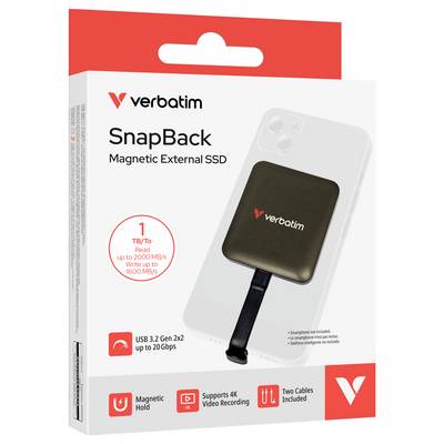Verbatim SnapBack magnetische externe SSD Einzelhandelsverpackung mit einer schwarzen magnetischen Festplatte mit Riemen und Funktionen: 1TB, bis zu 2000 MB/s Lesegeschwindigkeit, USB 3.2 Gen 2x2 bis zu 20 Gbps.