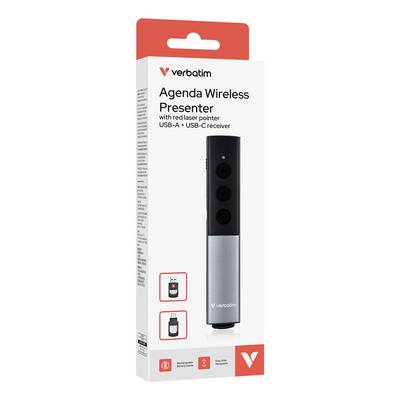 Verpackung für einen Verbatim 'Agenda Wireless Presenter' mit rotem Laser-Pointer und USB-A sowie USB-C Empfänger auf der Vorderseite abgebildet.