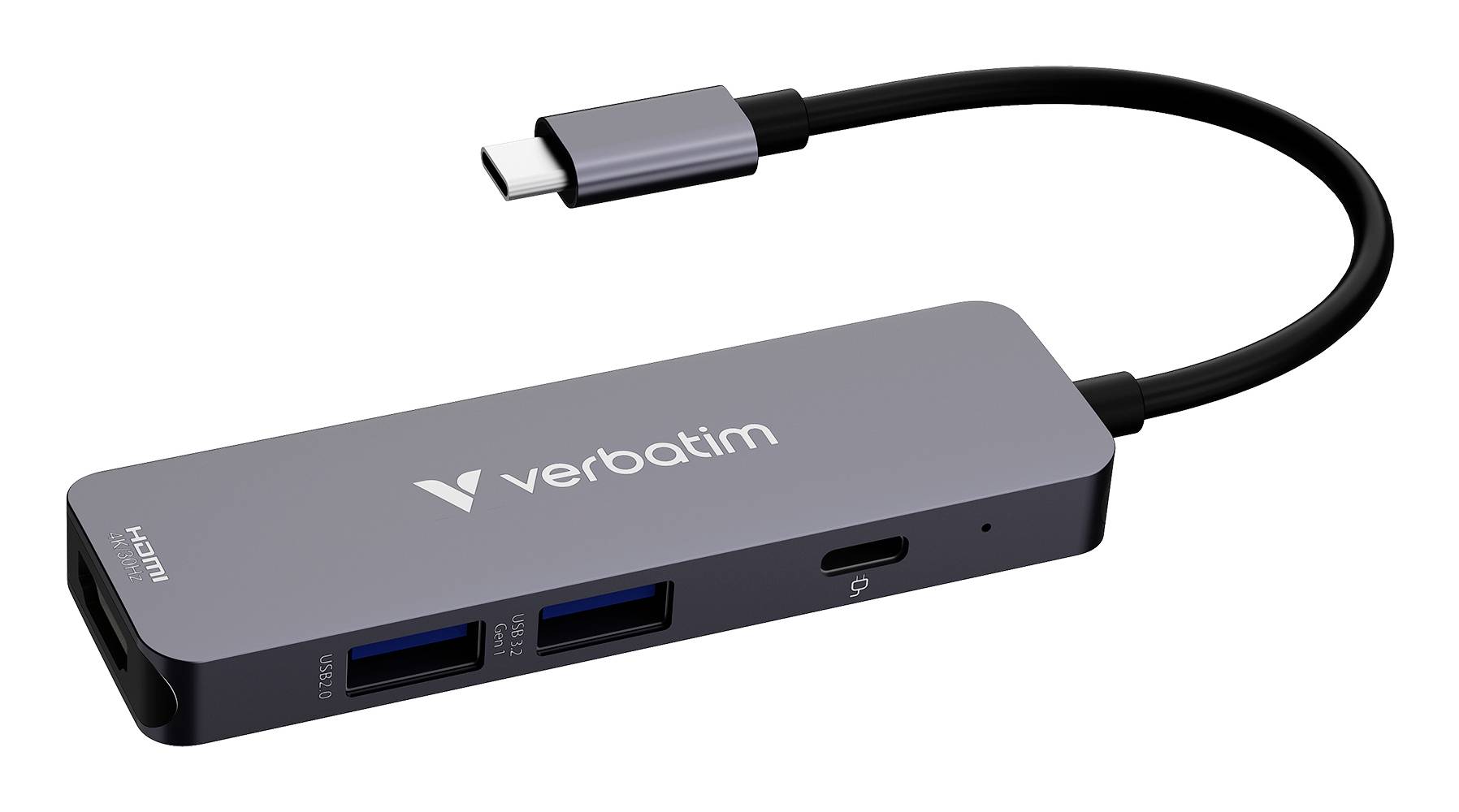 Verbatim USB-C-Hub mit HDMI-, USB-A- und USB-C-Anschlüssen auf einem Kabel zum Verbinden mehrerer Geräte mit einem Laptop.