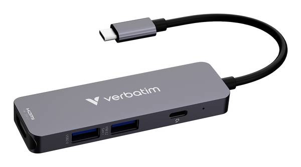 Verbatim 32155 USB-Hub  USB-A (USB 3.2 Gen 1), USB-C® (USB 3.2 Gen 1), HDMI®, USB-A (USB 2.0) USB 3.2 Gen1, USB 2.0 5 GBit/s Ultra HD-fähig, mit Aluminiumgehäuse Schwarz Essentials