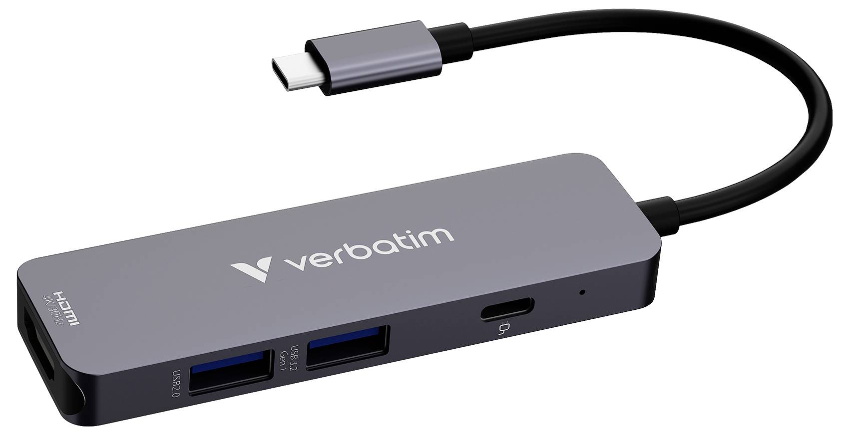 Verbatim USB-C Hub-Adapter mit HDMI, USB-Anschlüssen und SD-Kartensteckplätzen, dargestellt mit angeschlossenem Kabel.