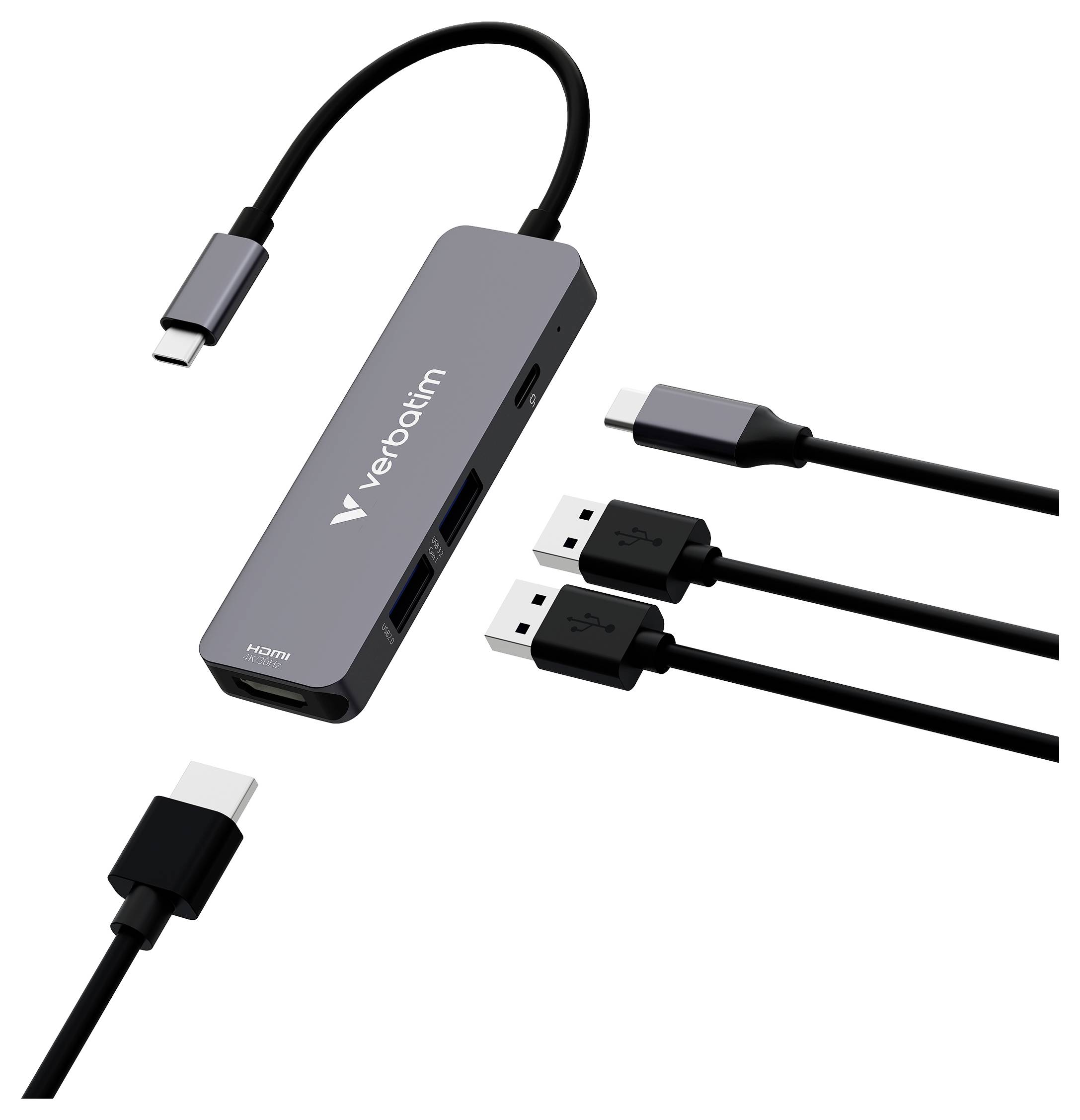 USB-C-Hub mit mehreren Anschlüssen, angeschlossene USB-C- und USB-A-Kabel sowie HDMI-Ausgang, Marke 'VeroBim'.