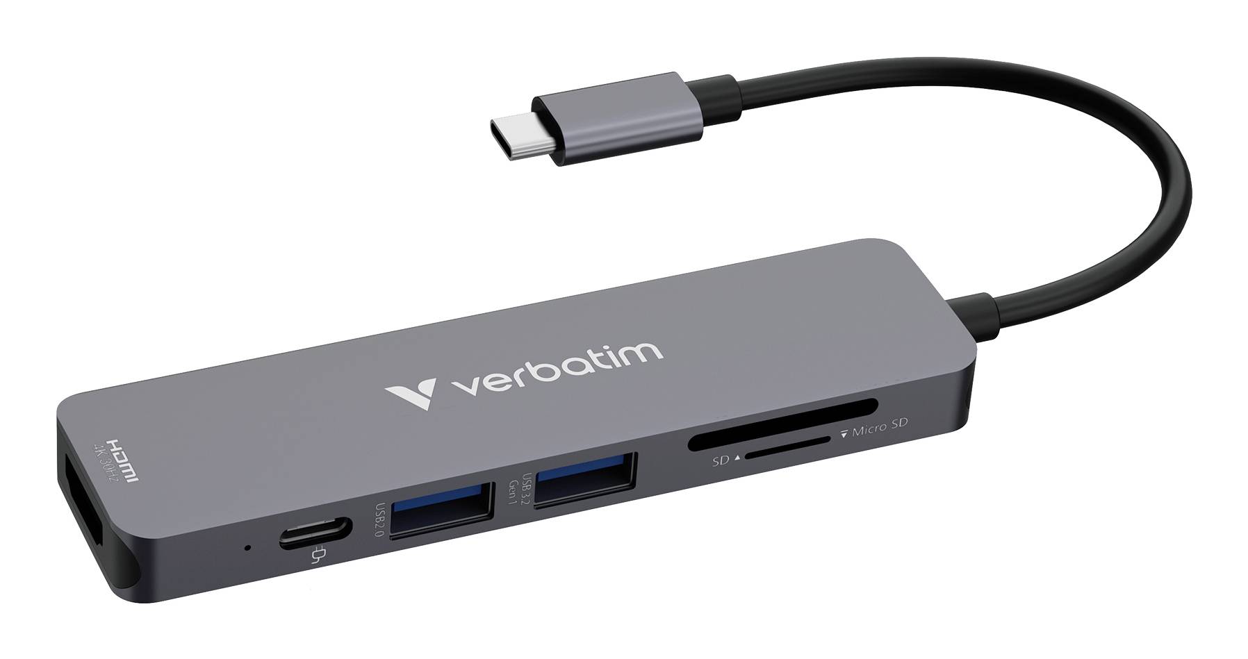 Verbatim USB-C-Hub mit zwei USB-A-Anschlüssen, SD-/microSD-Kartenschächten und angeschlossenem USB-C-Kabel.