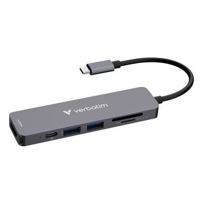 Verbatim USB-C-Hub mit zwei USB-A-Anschlüssen, SD-/microSD-Kartenschächten und angeschlossenem USB-C-Kabel.
