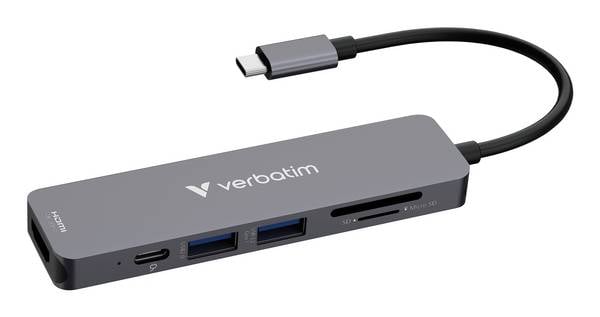 Verbatim 32156 USB-Hub USB-A (USB 2.0), HDMI®, USB-A (USB 3.2 Gen 1) USB 3.2 Gen1 5 GBit/s Ultra HD-fähig, mit eingebautem SD-Kartenleser Schwarz Essentials