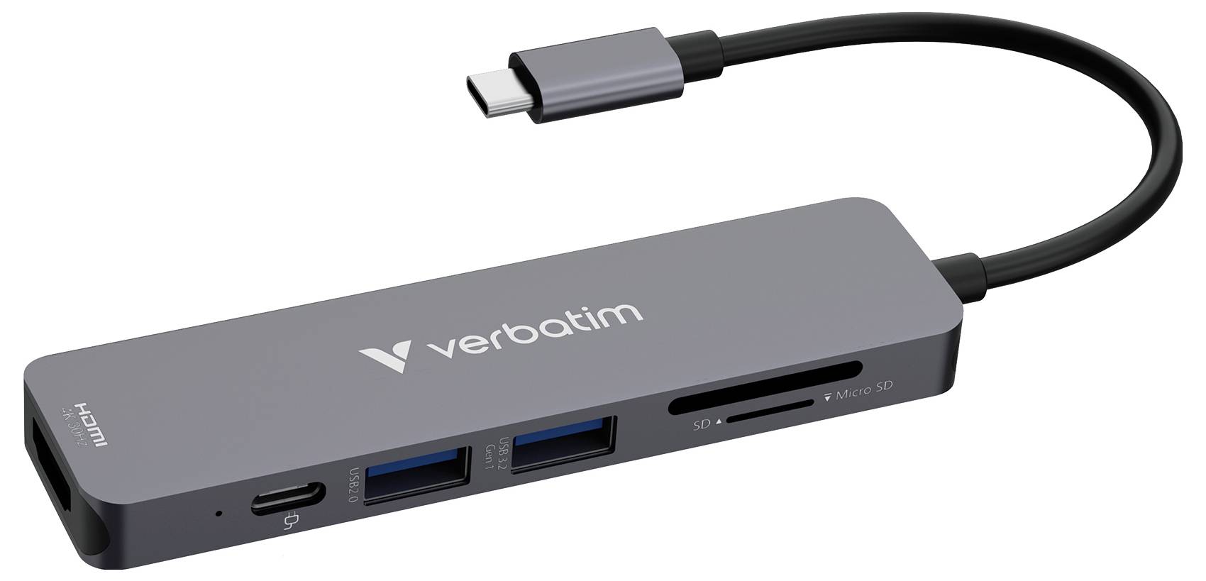 Verbatim USB-C-Hub mit HDMI-, USB-A-, USB-C-, SD- und microSD-Anschlüssen, abgebildet mit angeschlossenem USB-C-Kabel.