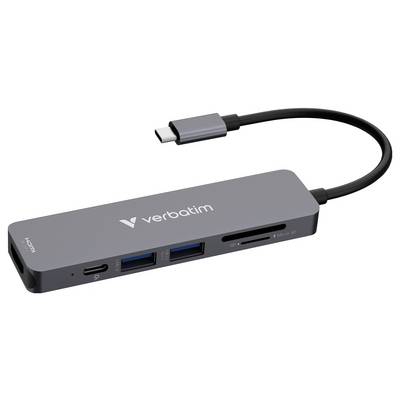 Verbatim USB-C-Hub mit HDMI-, USB-A-, USB-C-, SD- und microSD-Anschlüssen, abgebildet mit angeschlossenem USB-C-Kabel.