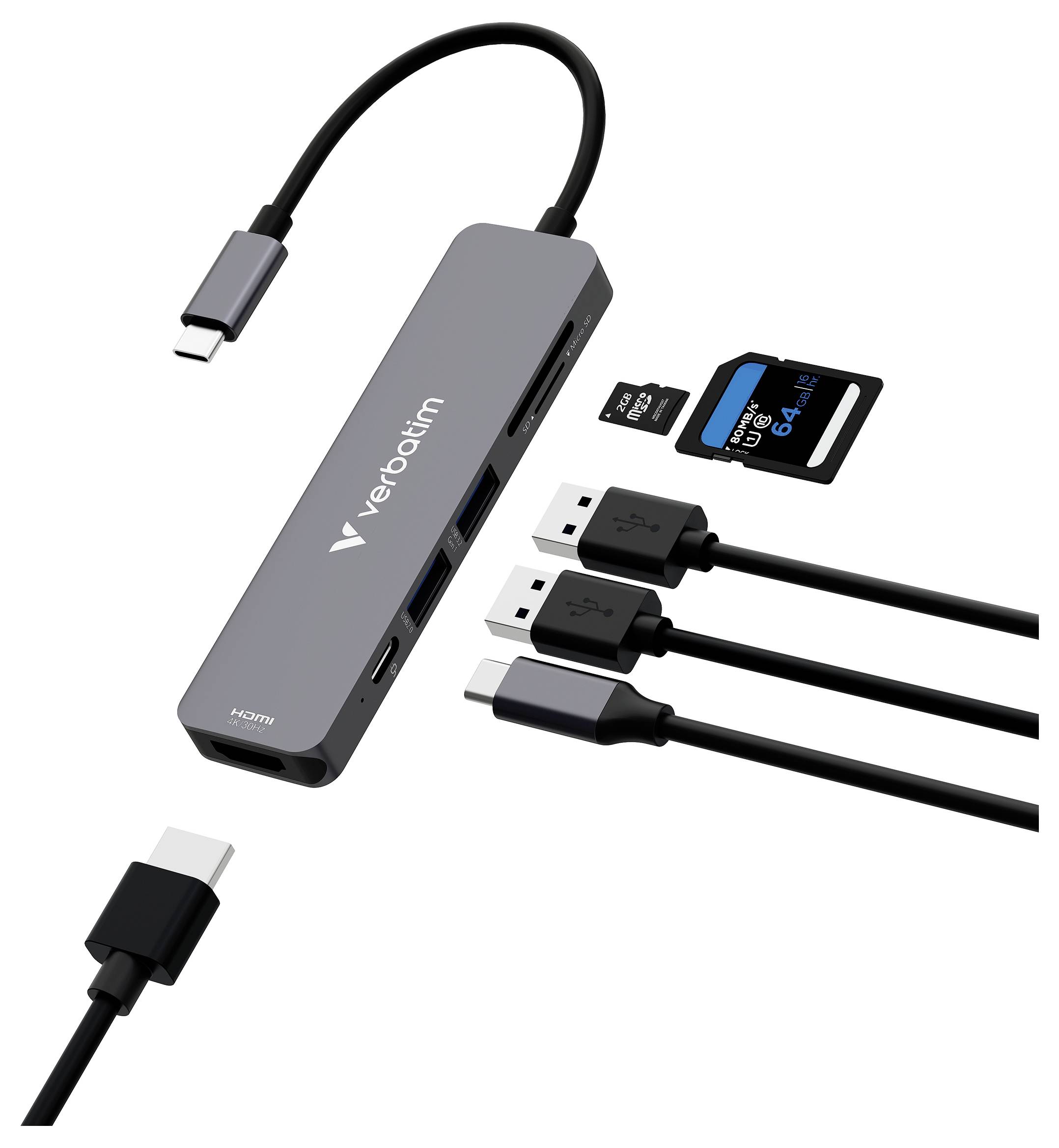 Verbatim USB-C-Hub mit mehreren Anschlüssen, zeigt angeschlossene USB-C-, USB-A- und SD-/microSD-Kartenleser sowie mitgelieferte Kabel.