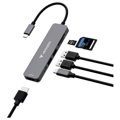 Verbatim USB-C-Hub mit mehreren Anschlüssen, zeigt angeschlossene USB-C-, USB-A- und SD-/microSD-Kartenleser sowie mitgelieferte Kabel.