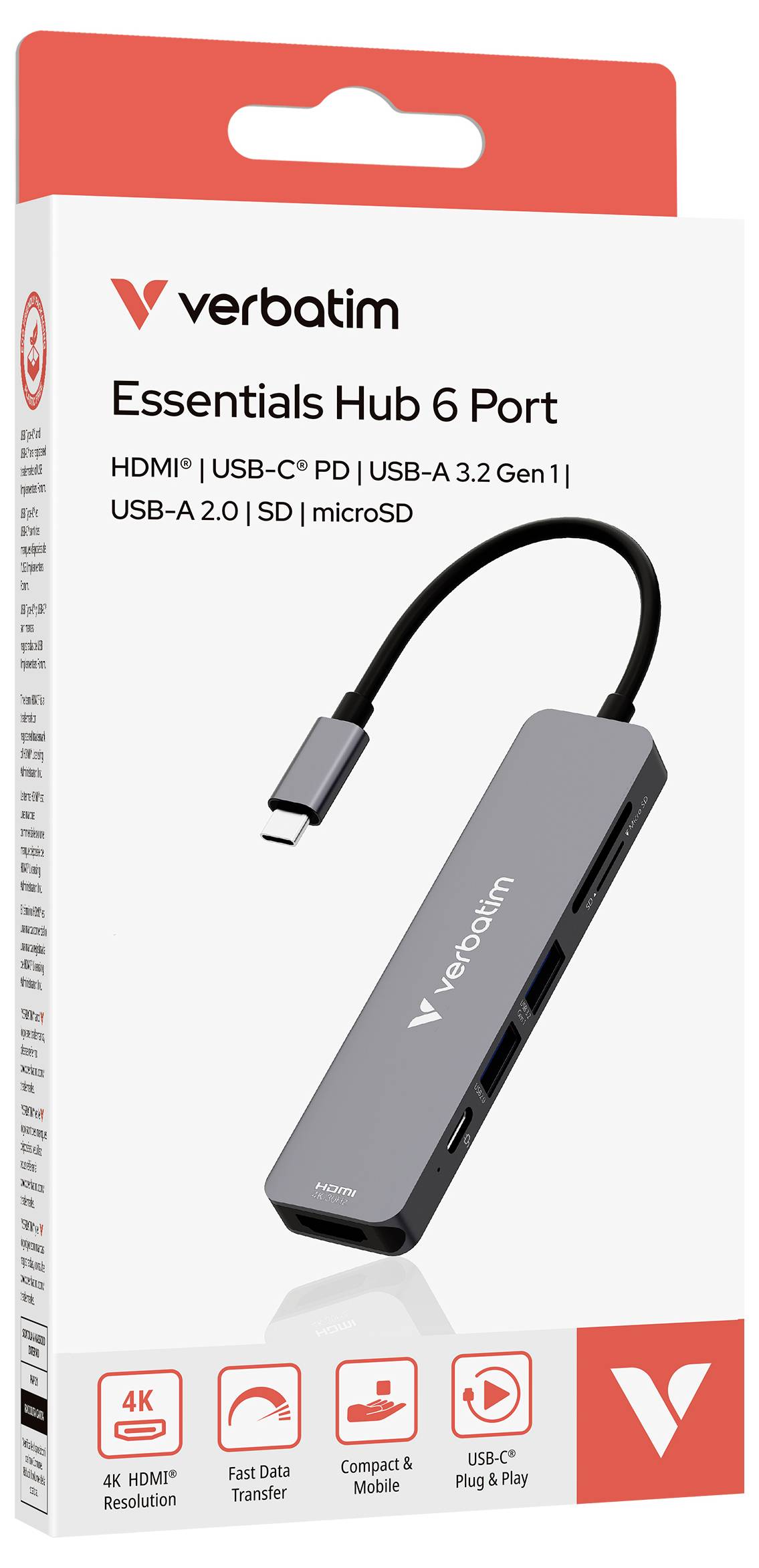 Verbatim Essentials Hub 6-Port USB-C-Adapter mit HDMI, USB-C PD, USB-A 3.2, USB-A 2.0, SD- und microSD-Anschlüssen auf der Produktverpackung angezeigt.