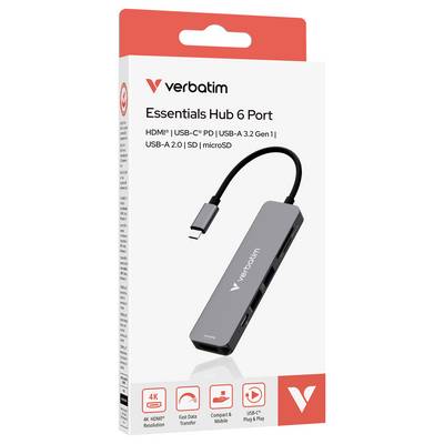Verbatim Essentials Hub 6-Port USB-C-Adapter mit HDMI, USB-C PD, USB-A 3.2, USB-A 2.0, SD- und microSD-Anschlüssen auf der Produktverpackung angezeigt.