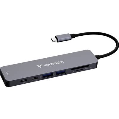 Ein eleganter Verbatim Multi-Port-Adapter mit USB-C, USB-Anschlüssen, SD- und MicroSD-Kartensteckplätzen sowie HDMI, geeignet zum Verbinden verschiedener Geräte.