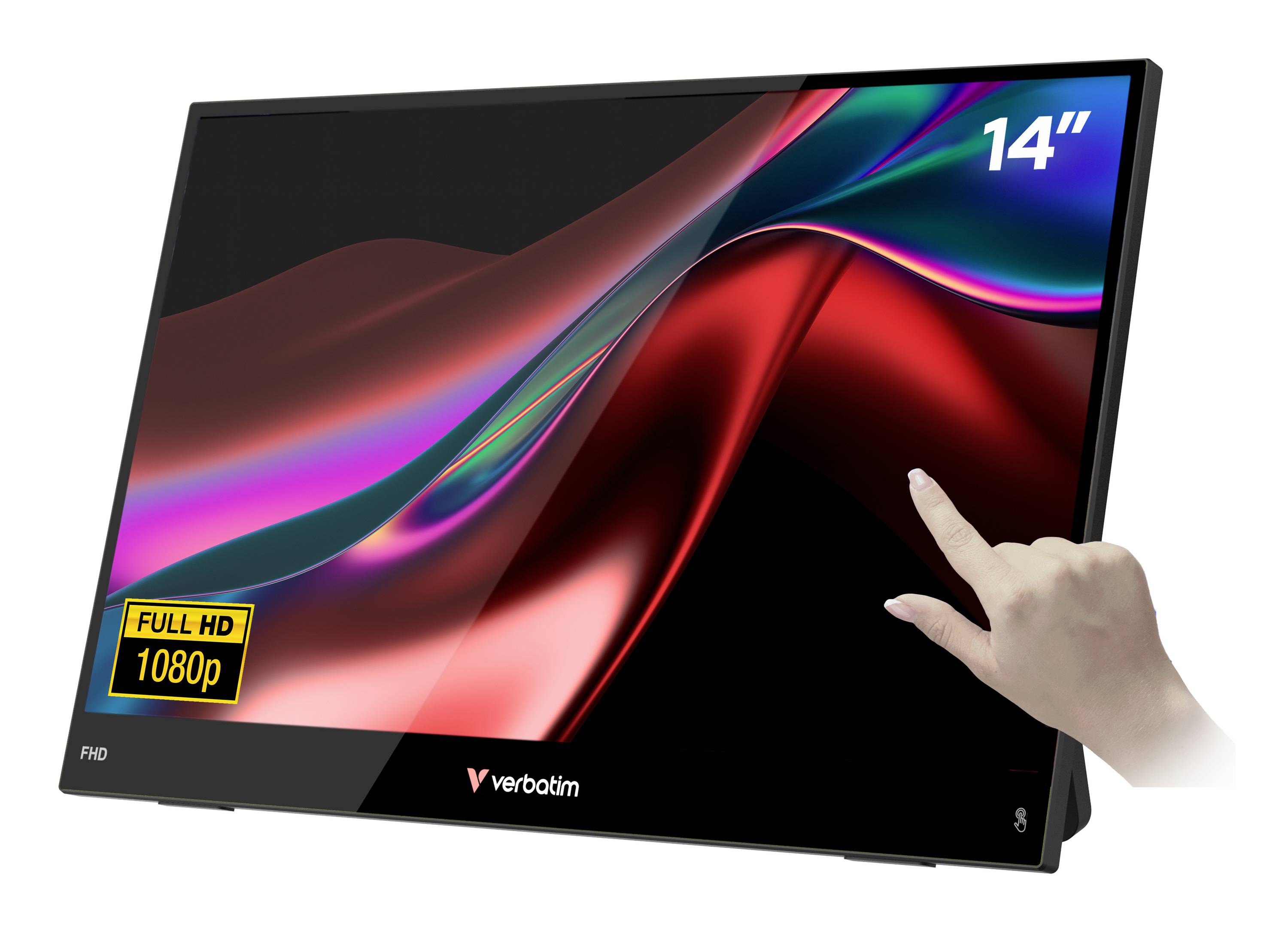 14-Zoll tragbarer Verbatim Full-HD-Touchscreen-Monitor mit einer Hand, die das Display berührt; „1080p" wird auf dem Bildschirm angezeigt.