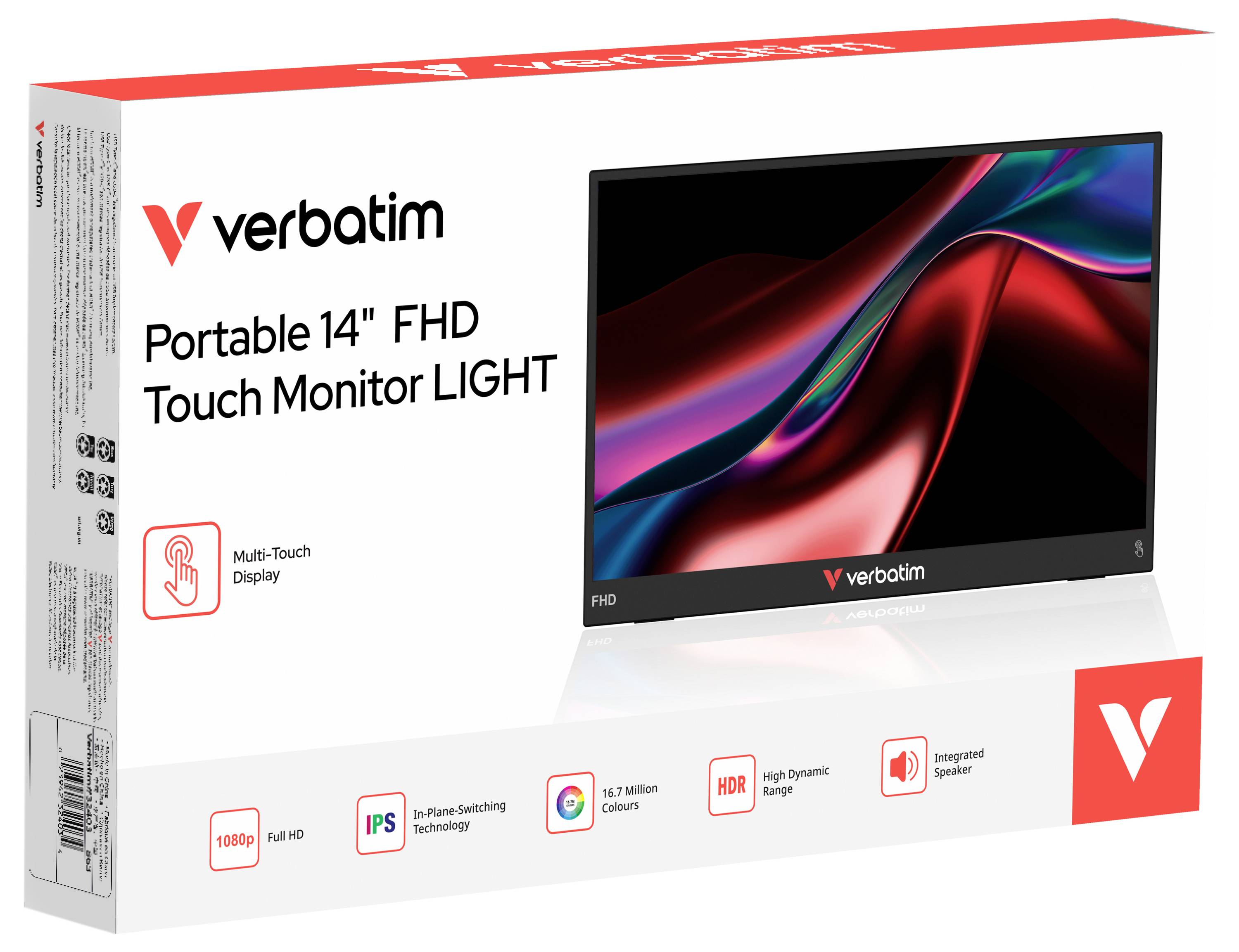 Verbatim tragbarer 14-Zoll-FHD-Touch-Monitor LIGHT Box mit Anzeige eines 14-Zoll-Touchscreen-Displays mit FHD, IPS, HDR und integrierten Lautsprecher-Symbolen.