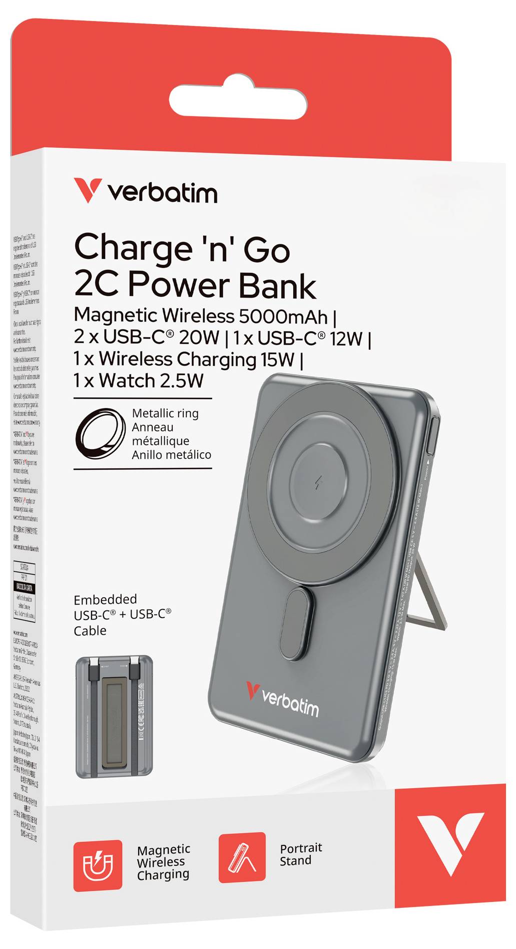 Verbatim Charge 'n' Go 2C Power Bank Verpackung: Magnetisches kabelloses Laden 5000mAh, USB-C 20W, kabelloses Laden 15W, kompatibel mit Apple Watch.