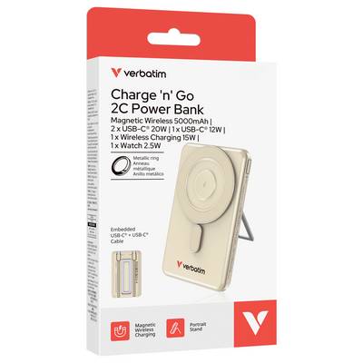 Verbatim 'Charge 'n' Go' 2C Powerbank-Paket, mit goldenem magnetischem kabellosen Ladegerät mit integriertem Ständer und USB-C-Kabel.