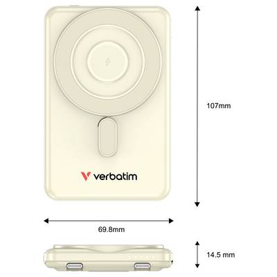 Produktdiagramm eines Verbatim-Wireless-Laders, das Front- und Seitenansichten mit Abmessungen von 107 mm Höhe, 69,8 mm Breite und 14,5 mm Dicke zeigt.