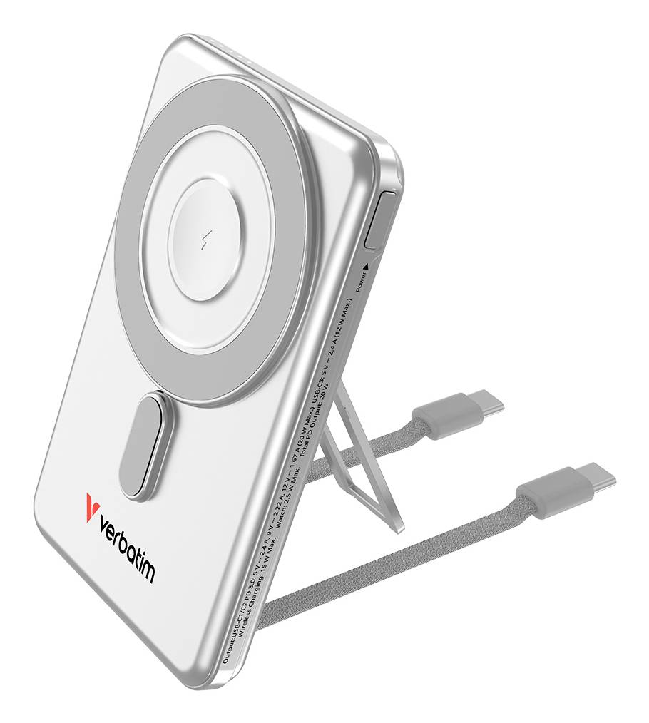 Drahtlose Ladestation aus Silber Verbatim mit verstellbarem Ständer und angebautem USB-C-Kabel