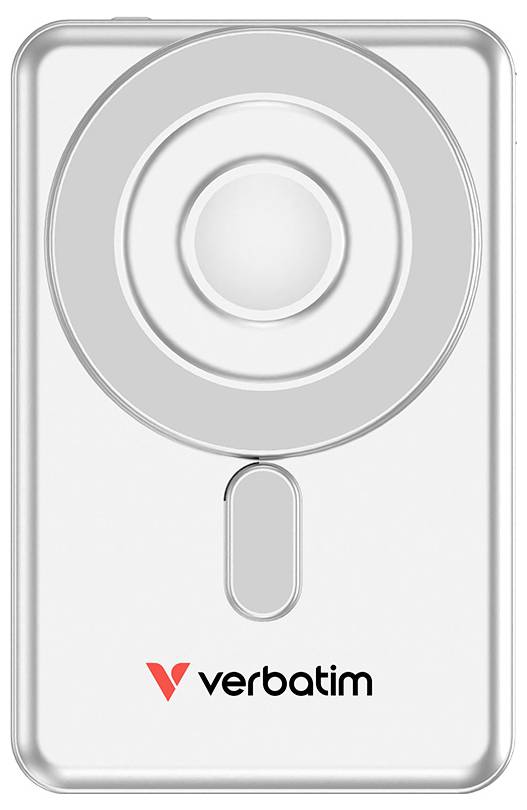 Tragbares tragbares Externe Festplatte oder Speichergerät von Silver Verbatim mit Logo und zentralem kreisförmigem Design auf weißem Hintergrund.