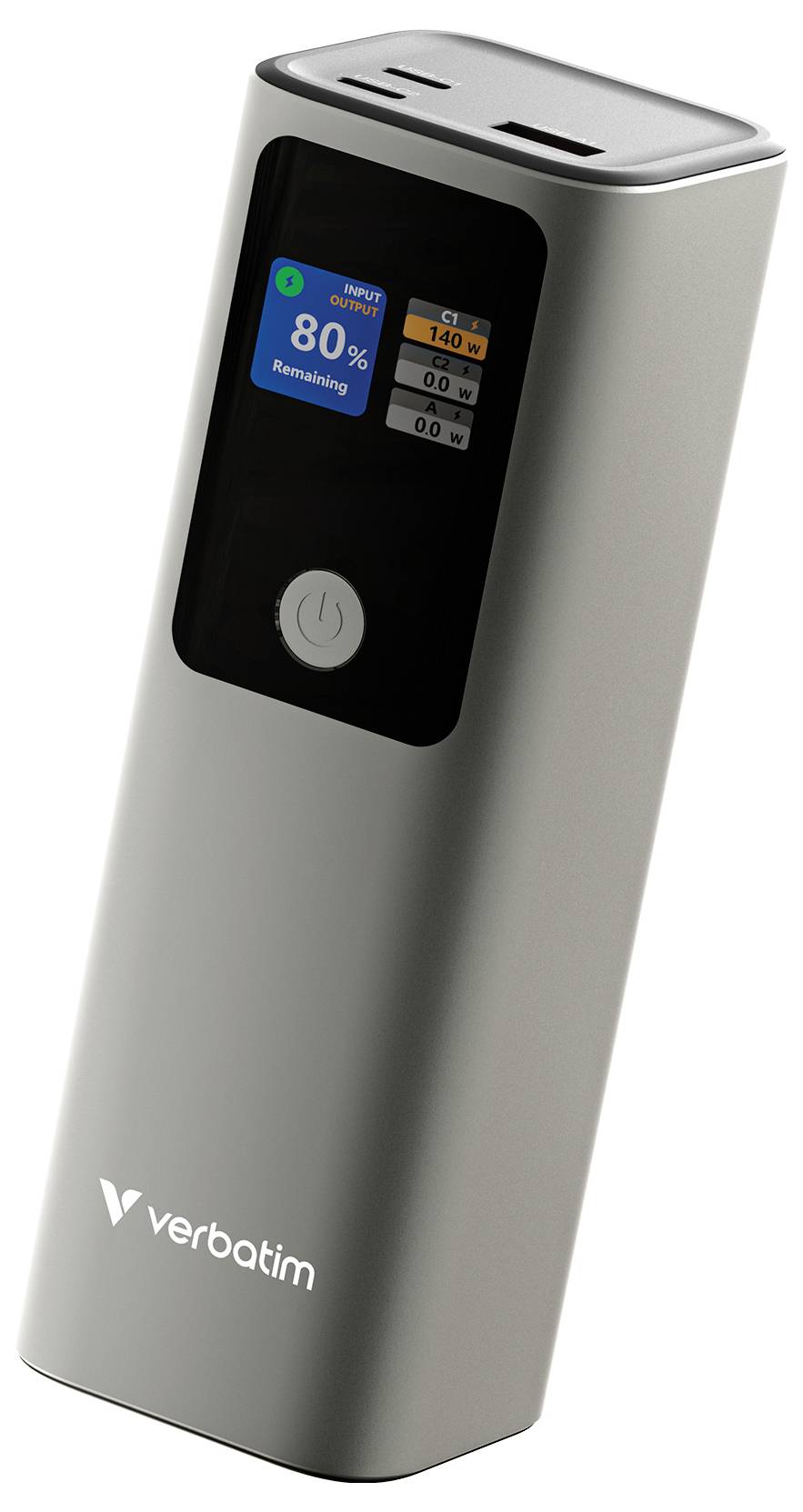 Silver Verbatim tragbare Powerbank mit digitaler Anzeige, die 80% verbleibende Akkulaufzeit und 140W Ausgangsleistung anzeigt