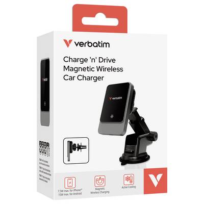 Wortgetreue Verpackung des „Charge 'n' Drive" magnetischen kabellosen Autoladegeräts mit einer Telefonhalterung mit Saugnapfbasis, kabelloses Laden und aktive Kühlung.