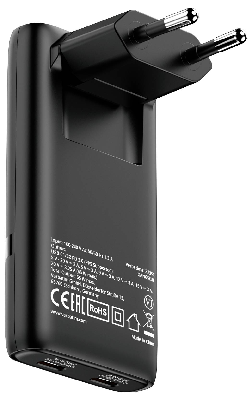Schwarzer USB-Wandladegerät-Adapter mit zwei Stiften, bedruckte elektrische Spezifikationen und Zertifizierungsmarken