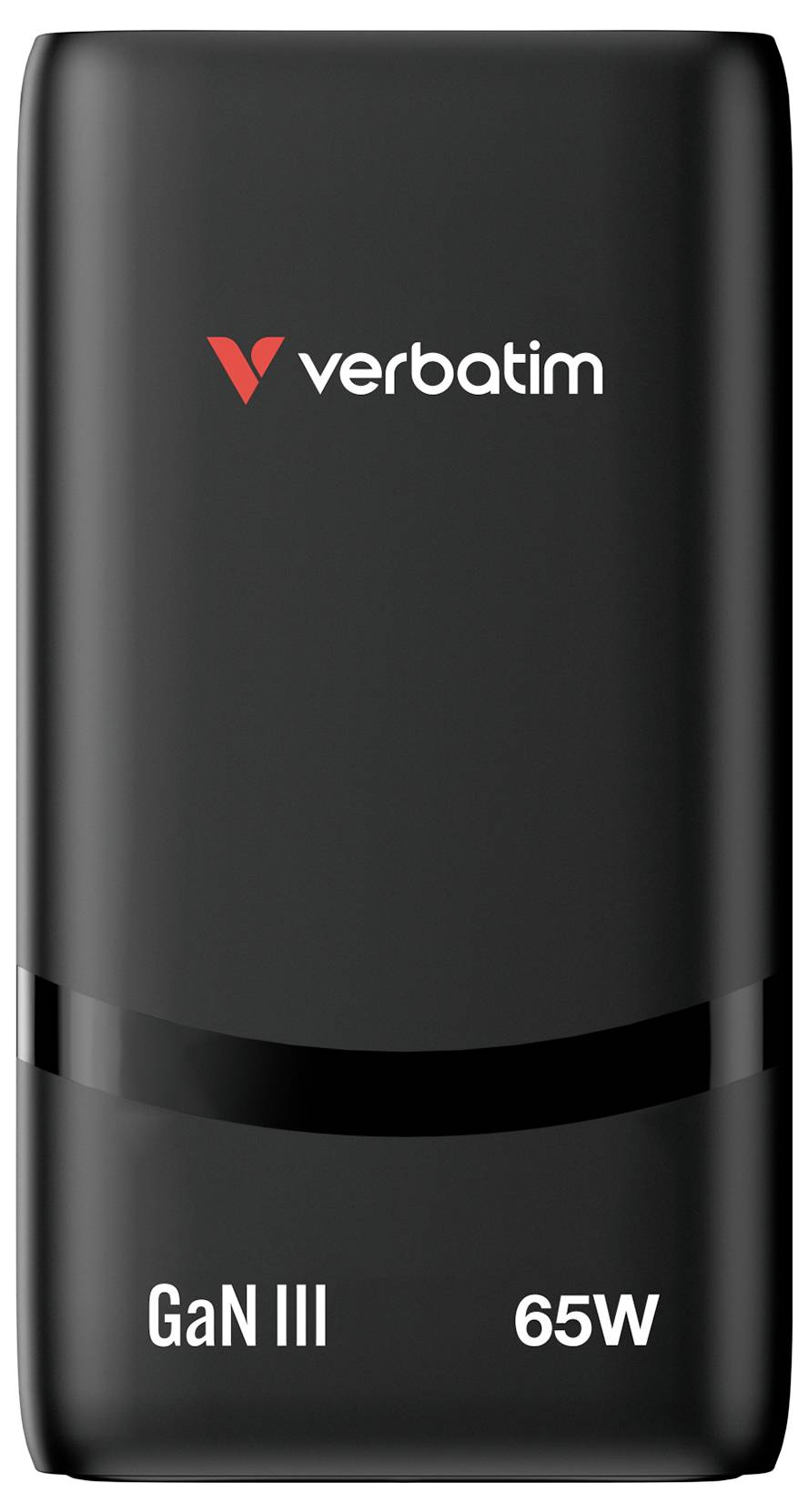 Black Verbatim GaN III 65W power adapter charger with logo and wattage label<br><br>Schwarzer Verbatim GaN III 65W-Stromadapter-Ladegerät mit Logo und Leistungsetikett
