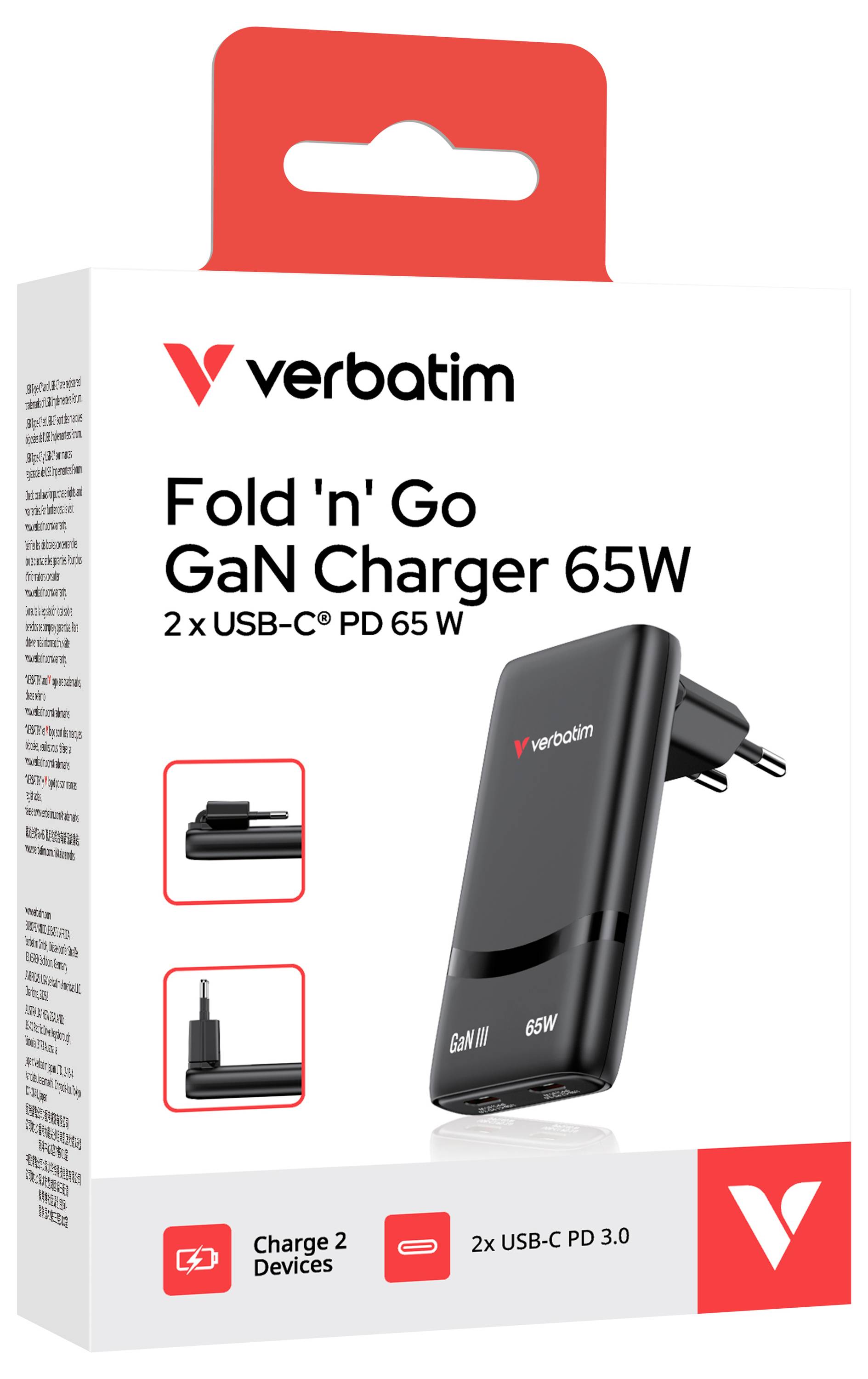 Verbatim Fold 'n' Go GaN-Ladegerät 65W Verpackung mit schwarzem klappbarem USB-C-Ladegerät und "Lade 2 Geräte" auf der Vorderseite.