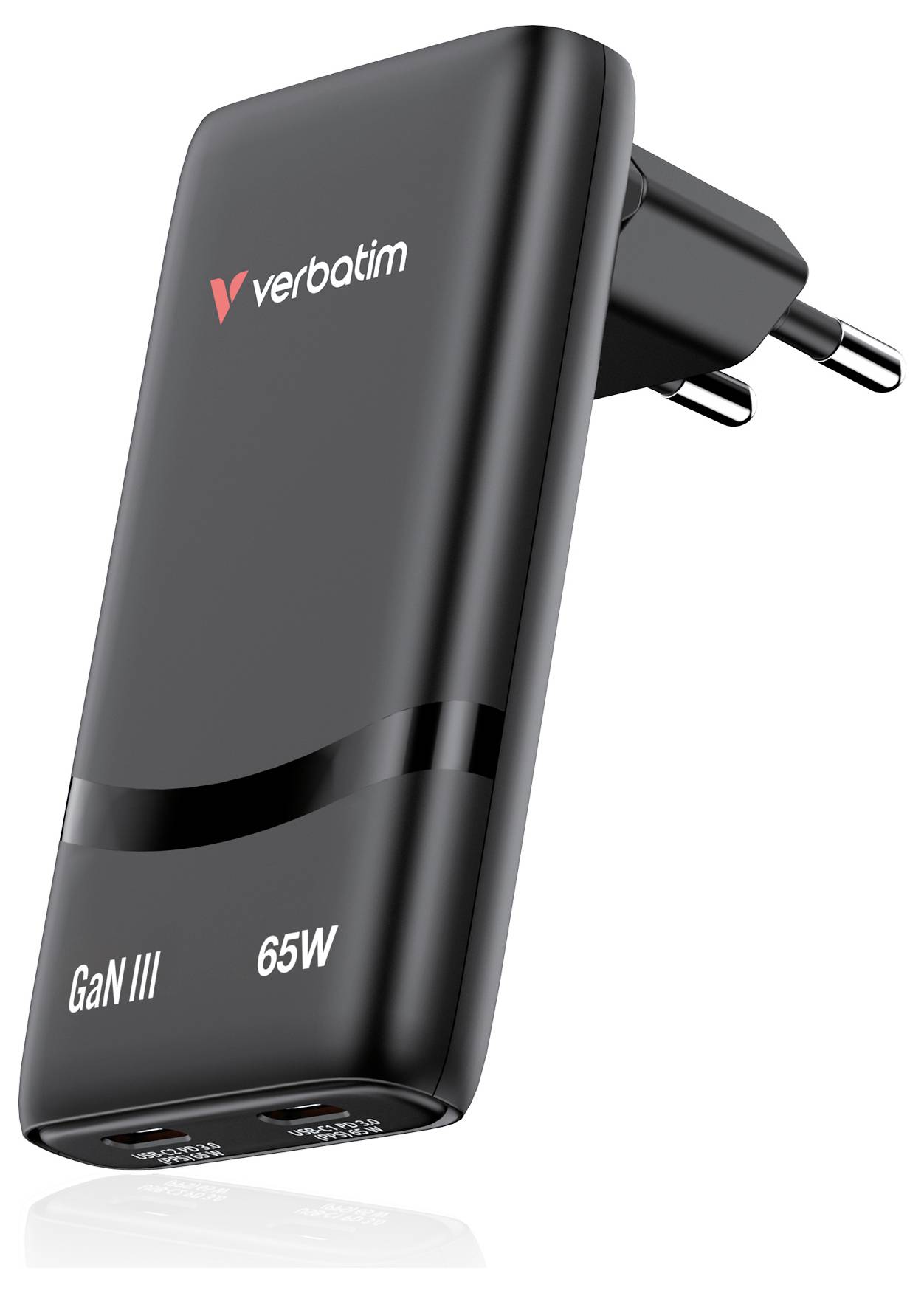 Schwarzes Verbatim GaN III 65W-Wandladegerät mit zwei USB-Anschlüssen und klappbaren europäischen Steckerkontakten.
