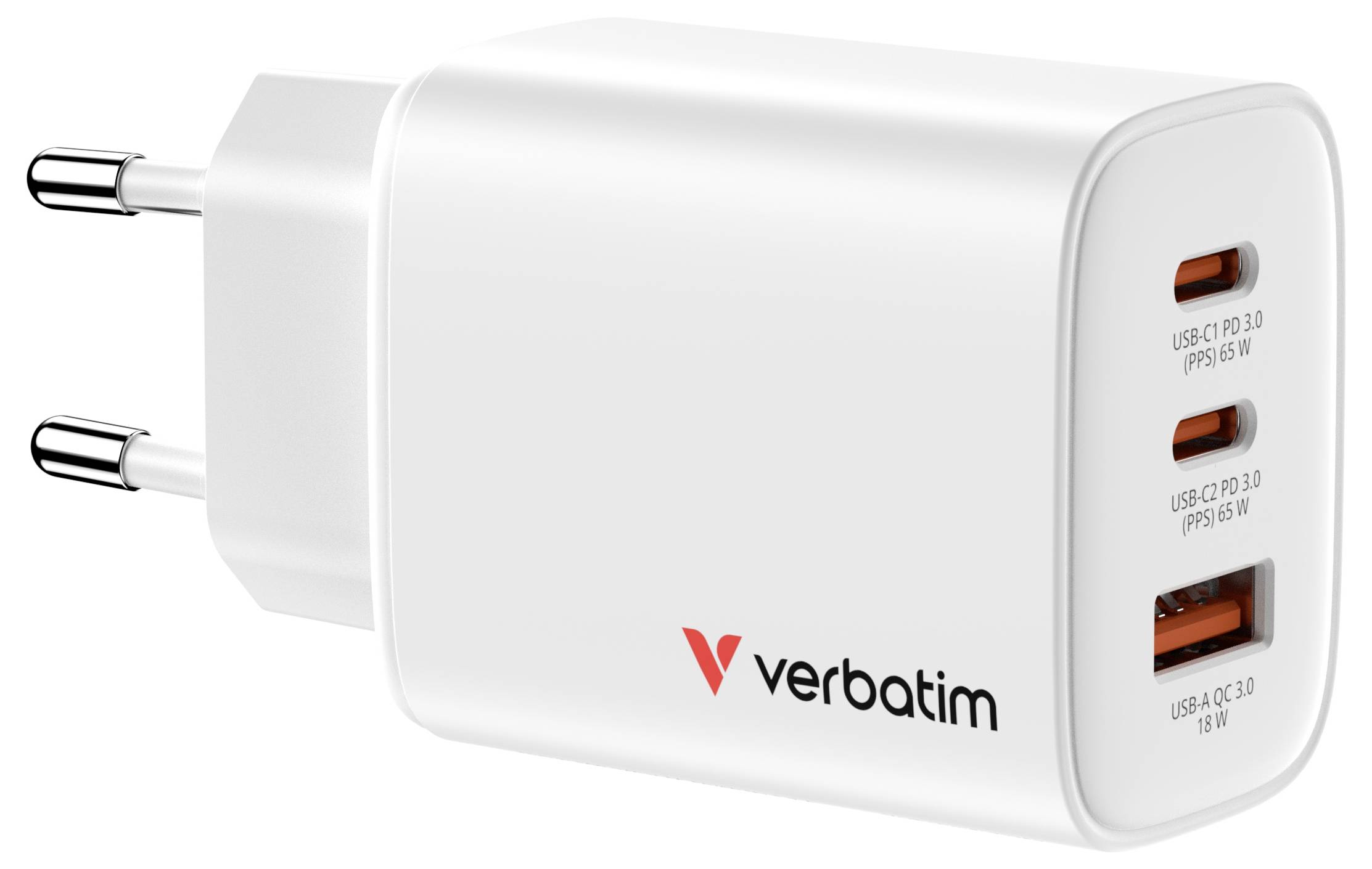 Weiß Verbatim Wandladegerät mit zwei europäischen Steckern und drei USB-Anschlüssen, gekennzeichnet mit USB-C PD 3.0 und USB-A QC 3.0, für schnelles Gerätenladen.