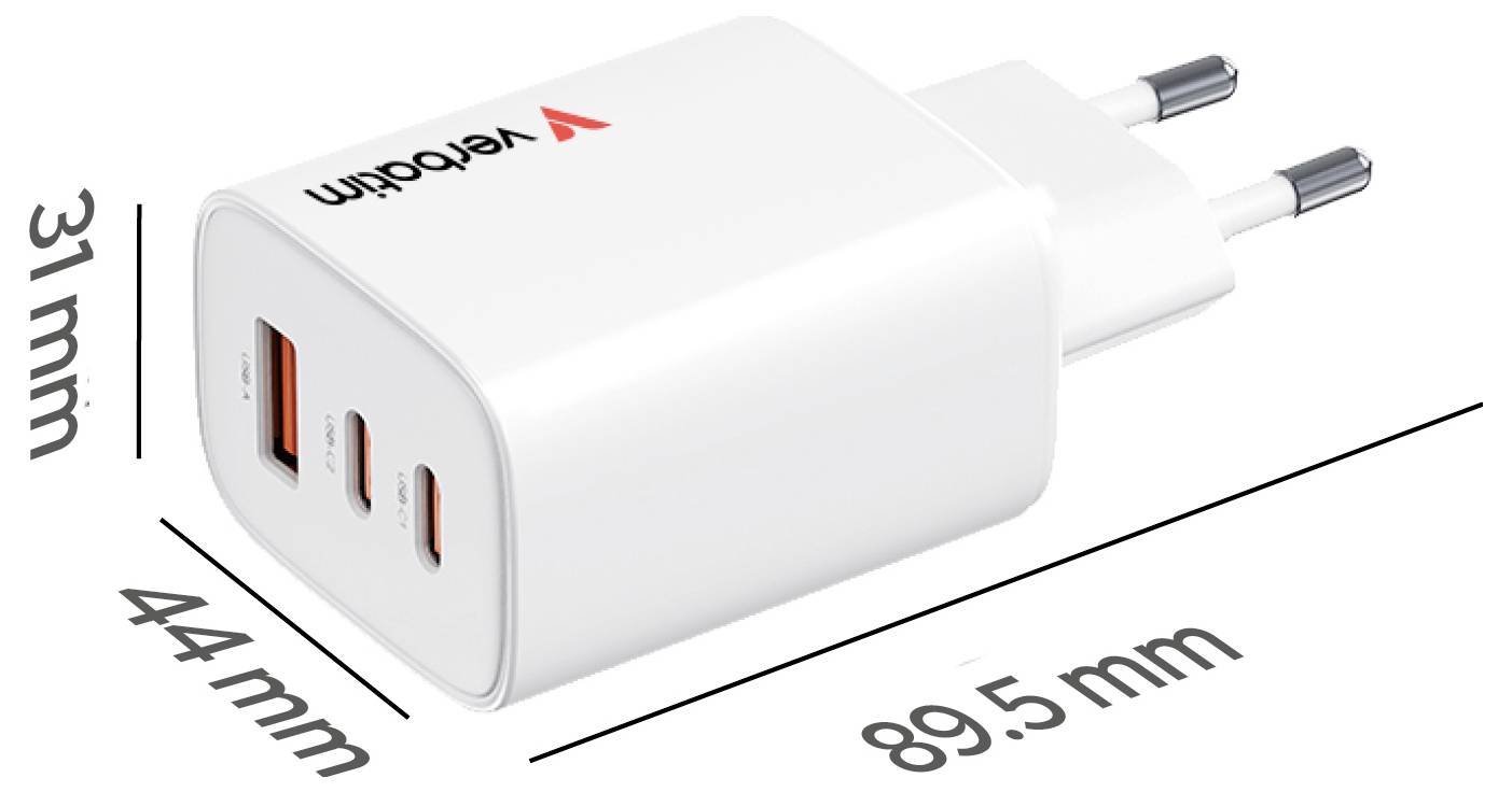 Weißes USB-Wandladegerät mit zwei USB-C-Anschlüssen und einem USB-A-Anschluss, gezeigt mit den Abmessungen 89,5 mm × 44 mm × 31 mm.