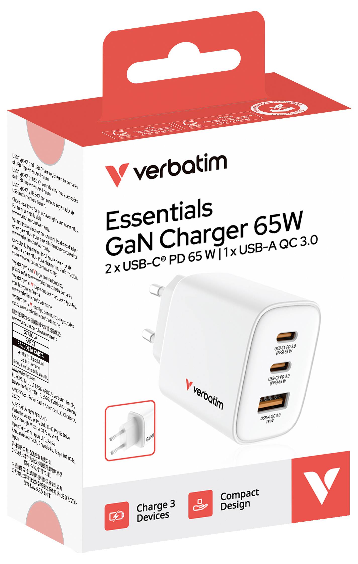 Verbatim Essentials GaN Ladegerät 65W Box mit kompaktem weißem Ladegerät mit 2 USB-C- und 1 USB-A-Anschluss; unterstützt das Laden von 3 Geräten.