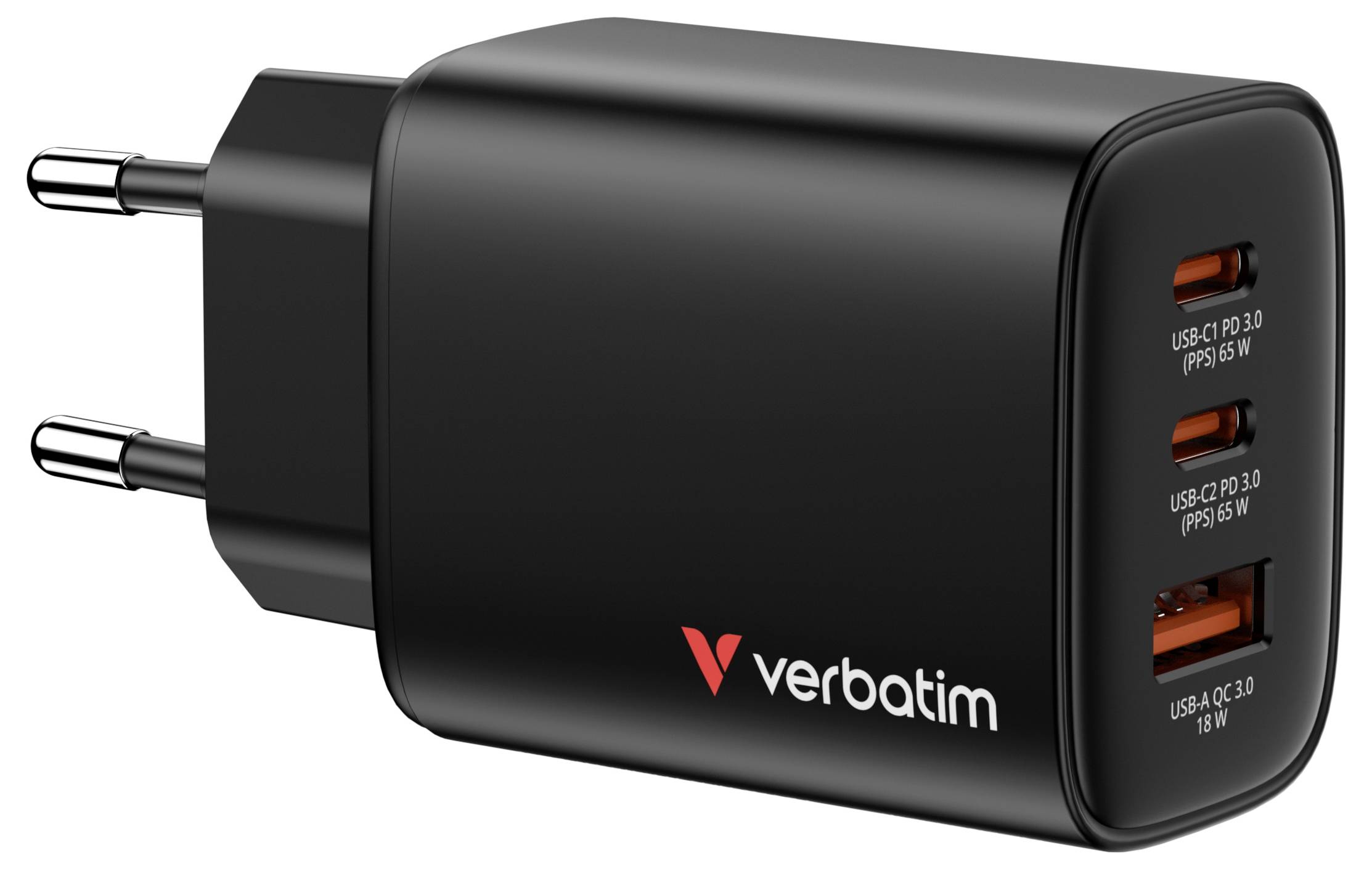 Schwarzes Verbatim-Wandladegerät mit zwei europäischen Steckerkontakten und drei USB-Anschlüssen, gekennzeichnet mit USB-C PD 3.0 und USB-A QC 3.0.