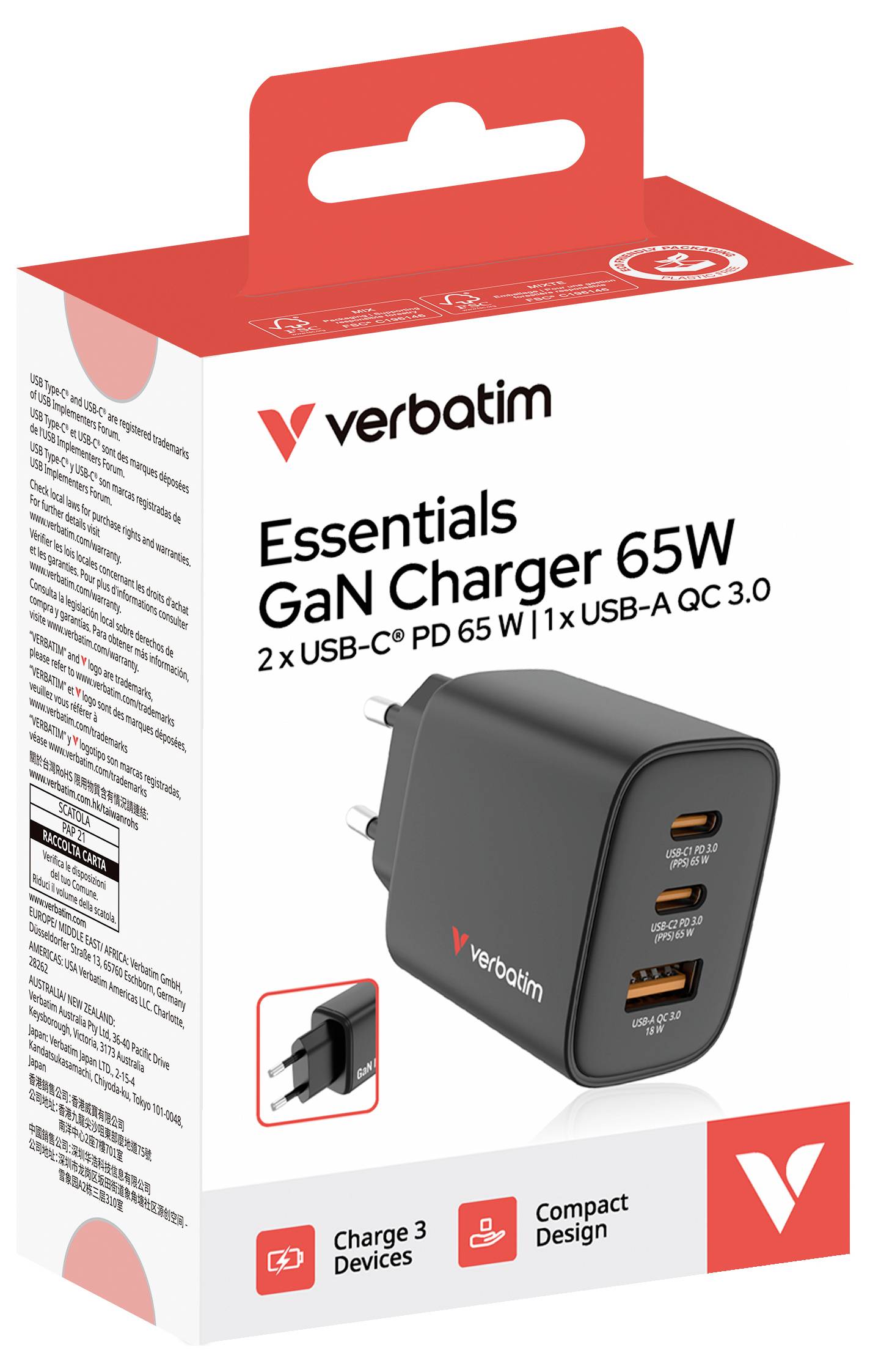 Verbatim Essentials 65W GaN Wandladegerät, das einen kompakten USB-C/USB-A-Ladegerät zeigt, das 3 Geräte mit Strom versorgen kann.