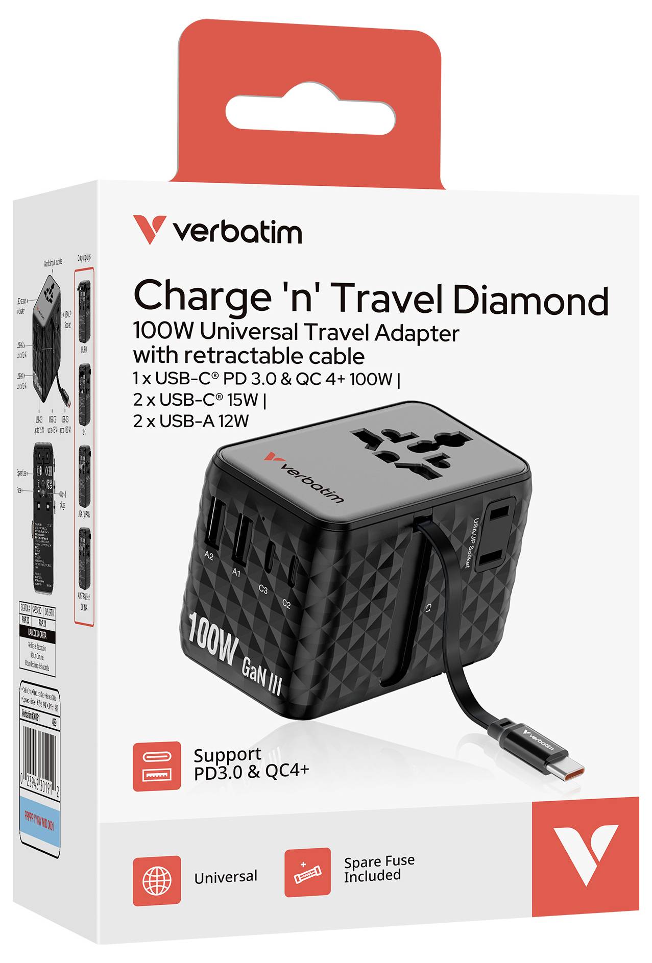 Verbatim Charge 'n' Travel Diamond 100W Universal-Reiseadapter-Paket mit USB-C, USB-A, PD3.0 und QC4+-Unterstützung mit enthaltenem Kabel.