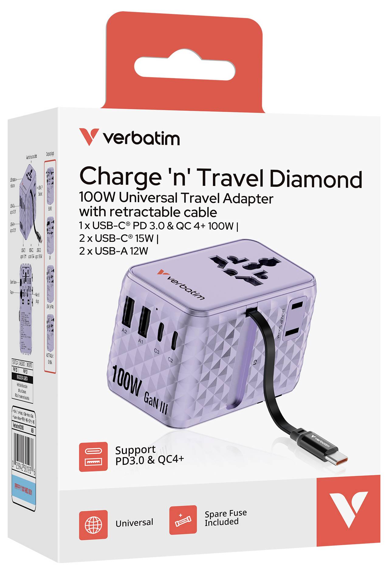 Verbatim Charge 'n' Travel Diamond 100W universeller Reiseadapter mit ausfahrbarem Kabel; unterstützt PD3.0, QC4+, USB-C und USB-A Laden.