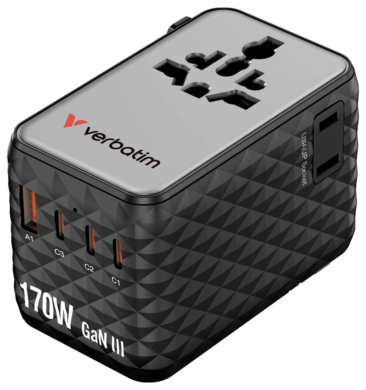 Universeller Reiseadapter 170W GaN III mit mehreren USB-Anschlüssen und Steckdose