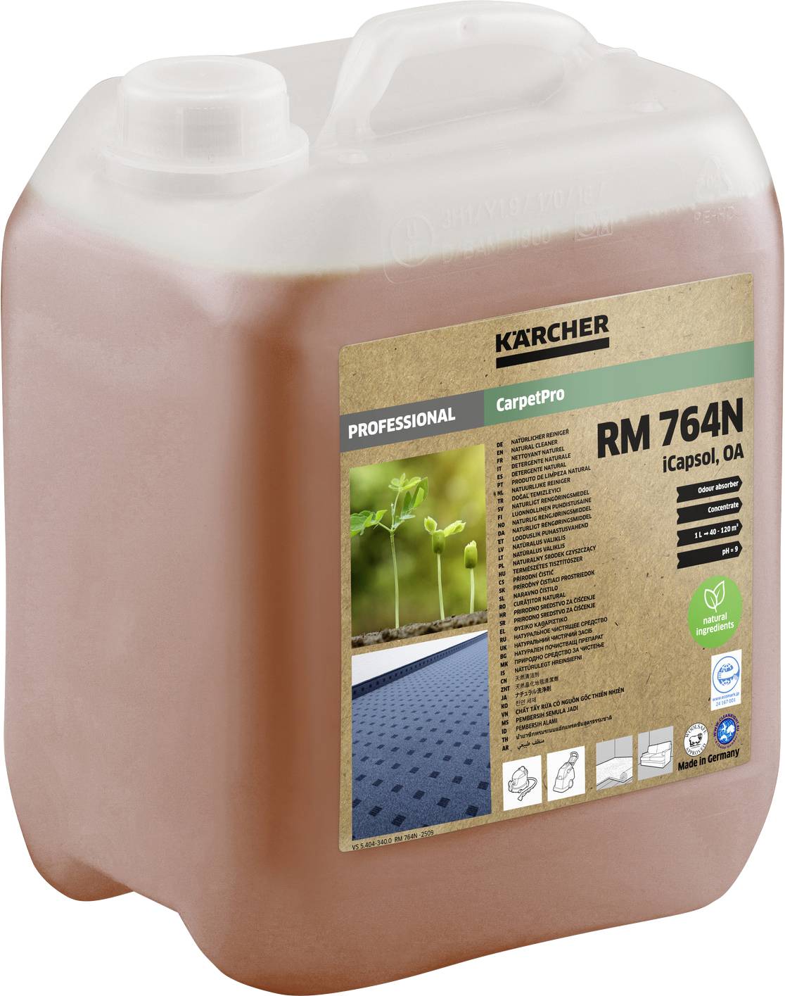 Ein großer Behälter mit der Beschriftung „Kärcher Professional CarpetPro RM 764N iCapsol OA" für die professionelle Teppichreinigung.