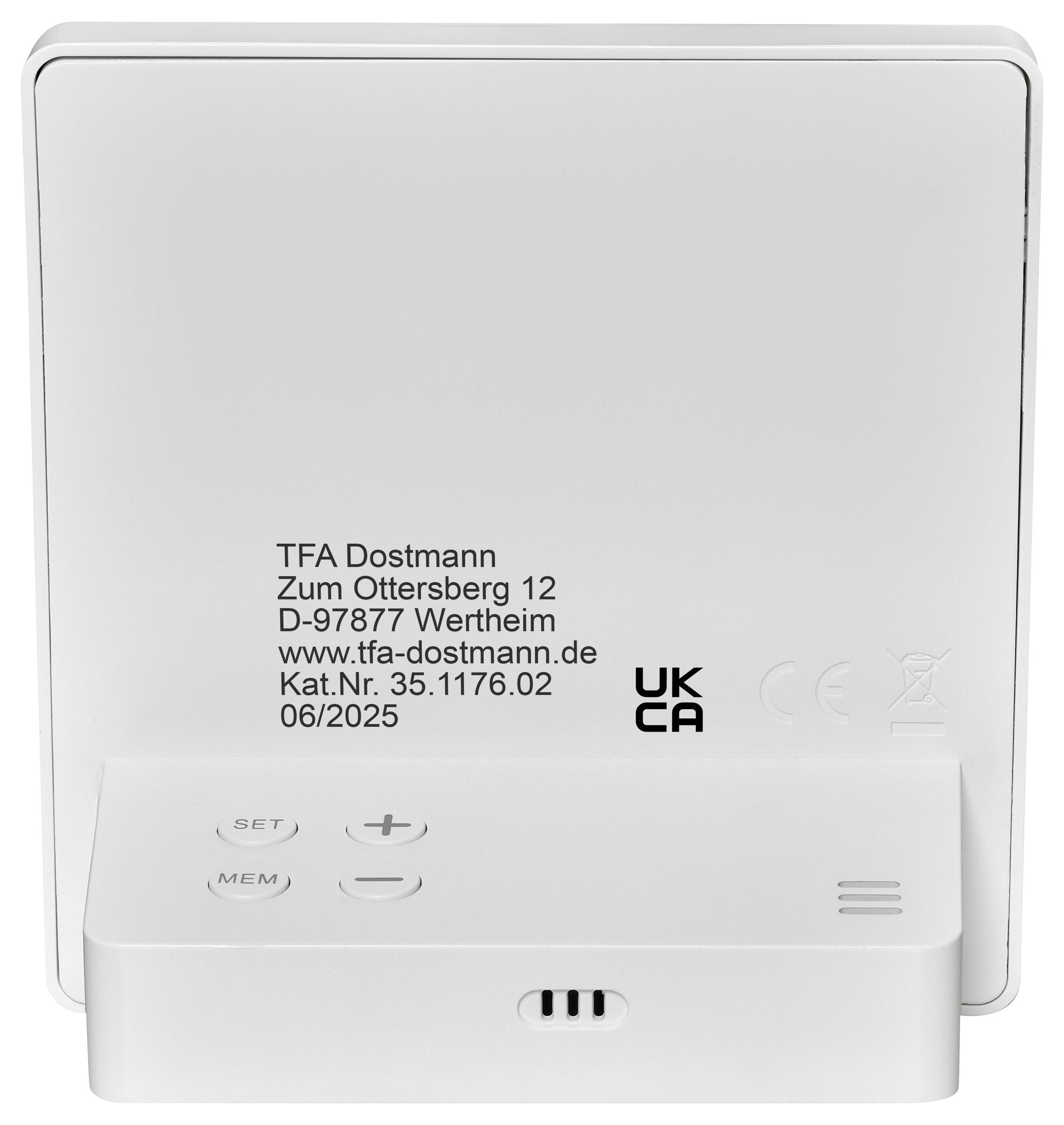 Ein rechteckiges elektronisches Gerät mit der Marke „TFA Dostmann", das Set- und Memory-Tasten unten zeigt.