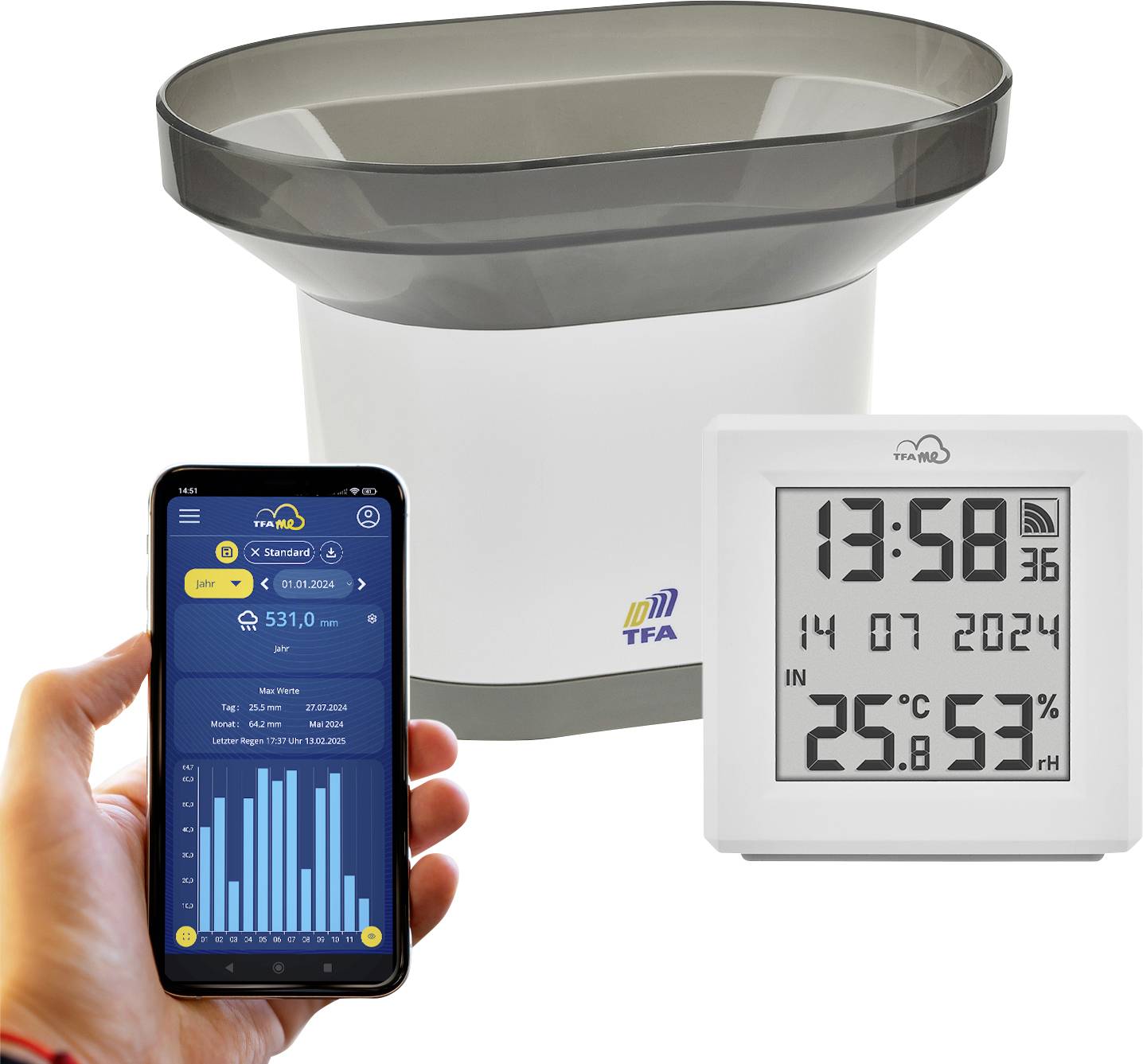 TFA Dostmann TFA.me Starter Set mit WLAN Gateway und Regensender Regenmesser Weiß 35.8111.02