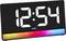 Digitale Uhr mit der Anzeige „12:54" und farbwechselnder LED-Basis, die einen Farbverlauf in Rot, Orange, Rosa und Blau zeigt.