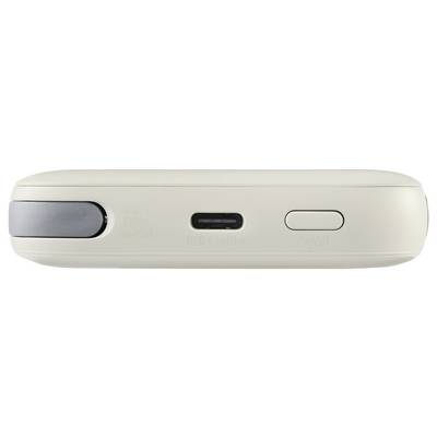 Eine Nahaufnahme der Seite eines beigefarbenen Geräts mit einem USB-C-Anschluss und einer Schaltfläche.