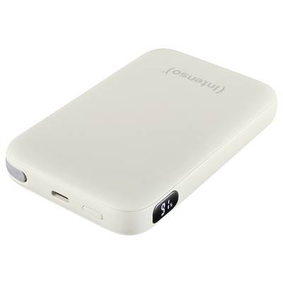 Eine weiße Intenso-Powerbank mit digitalem Display, das 51% Ladung anzeigt. Das Gerät verfügt über einen USB-Port und einen Stromschalter an der Seite.