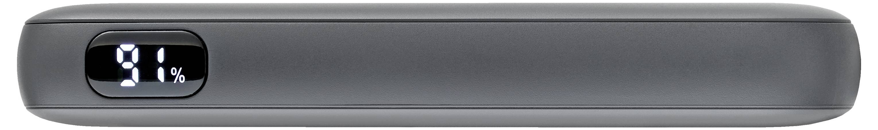 Eine schwarze rechteckige Powerbank mit einem kleinen Display, das „91 %" anzeigt und damit den aktuellen Ladestand angibt.