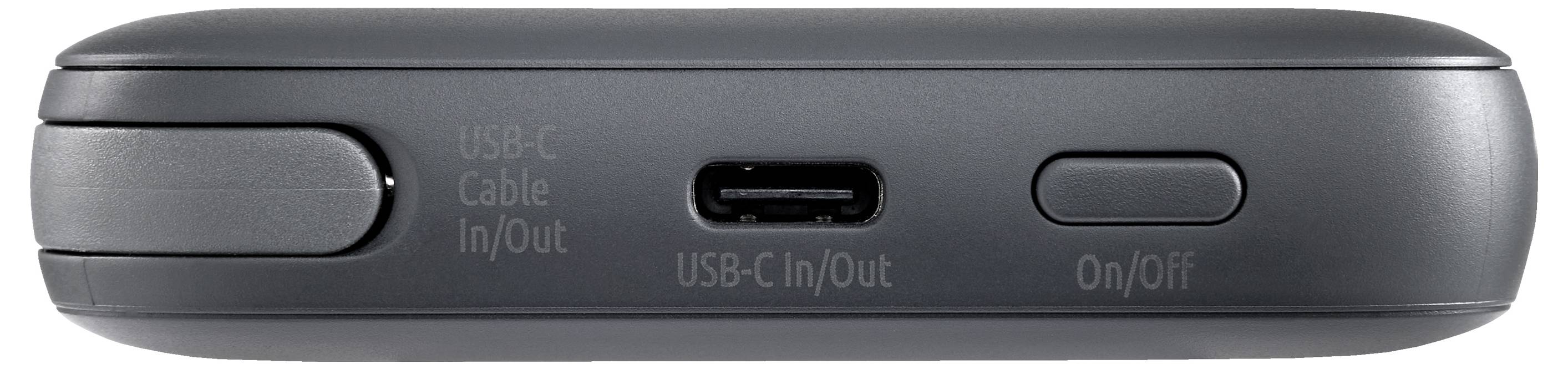 Ein schwarzes elektronisches Gerät mit einem USB-C-Anschluss, der mit „USB-C Ein/Aus" gekennzeichnet ist, und einem Knopf mit der Aufschrift „Ein/Aus" auf seiner Seite.